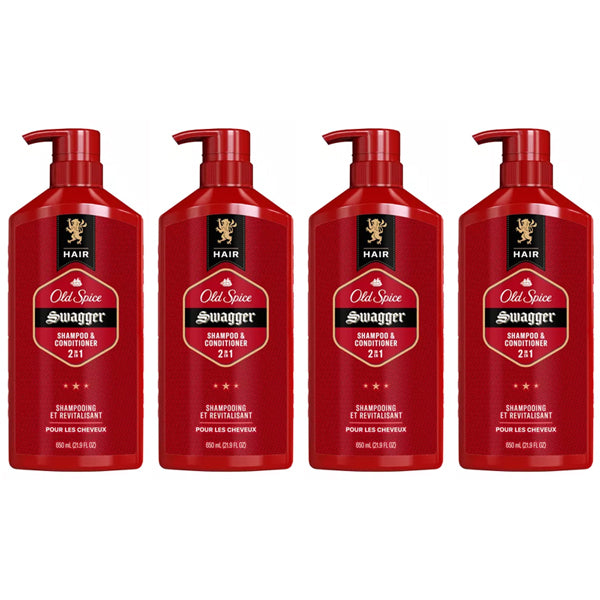 Four red bottles of Old Spice Swagger 2-in-1 Mens Shampoo and Conditioner, 21.9oz each, are arranged side by side against a white background. This is the 4 Pack from Old Spice.